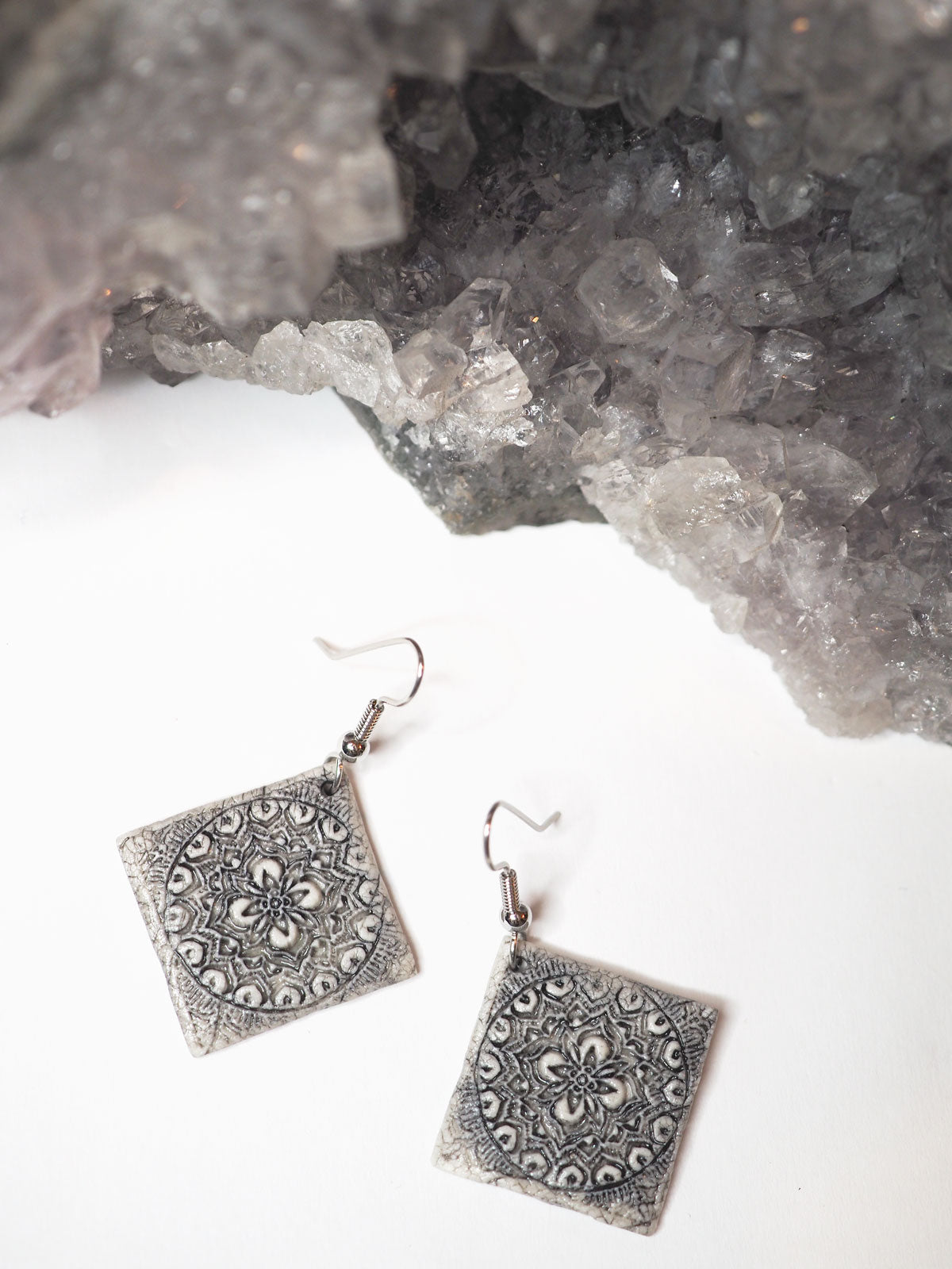 Black and white mandala, diamond-shaped porcelain earrings