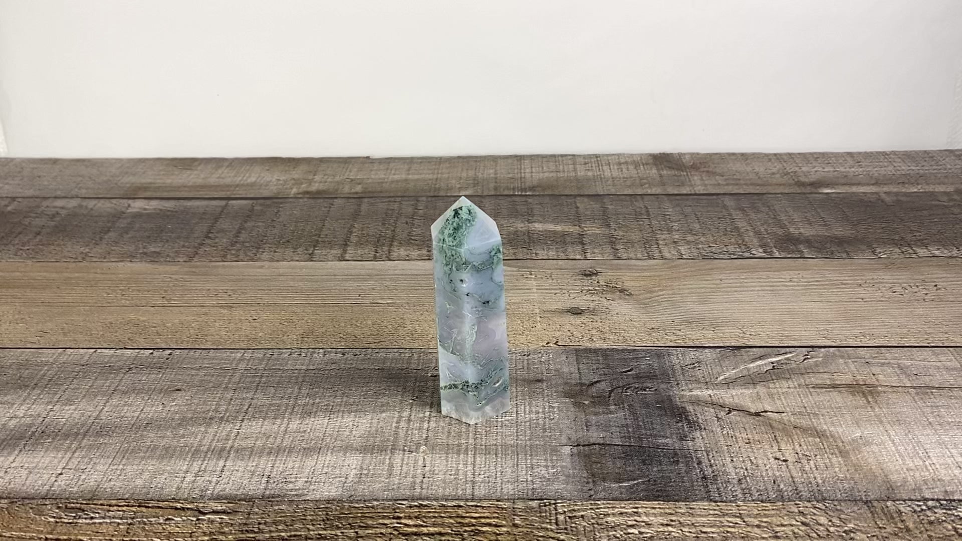 3.5" tall Blue Moss Agate Tower with Quartz Druzy pockets - Video
