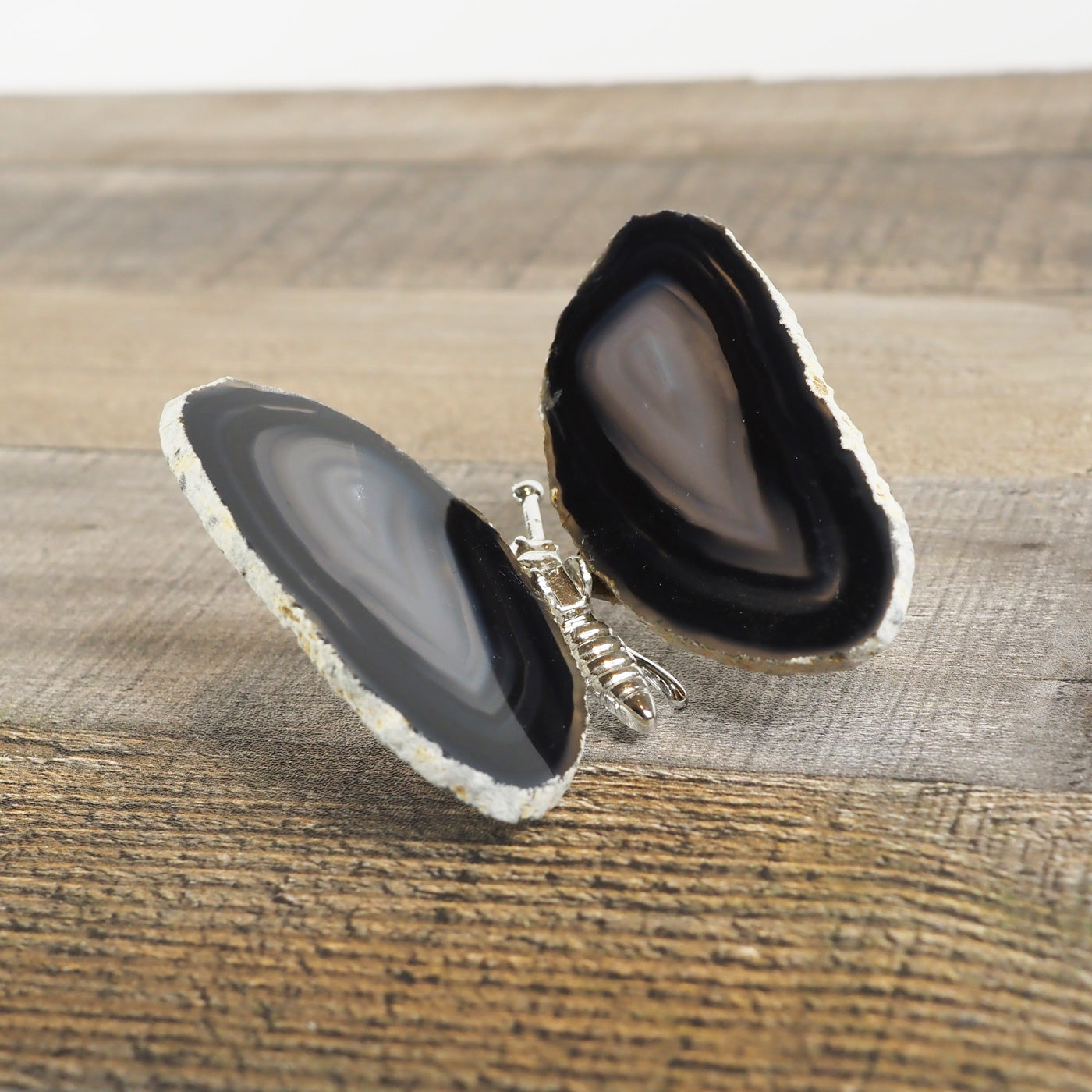 Butterfly Decoration with Black Agate wings and a silver metal body
