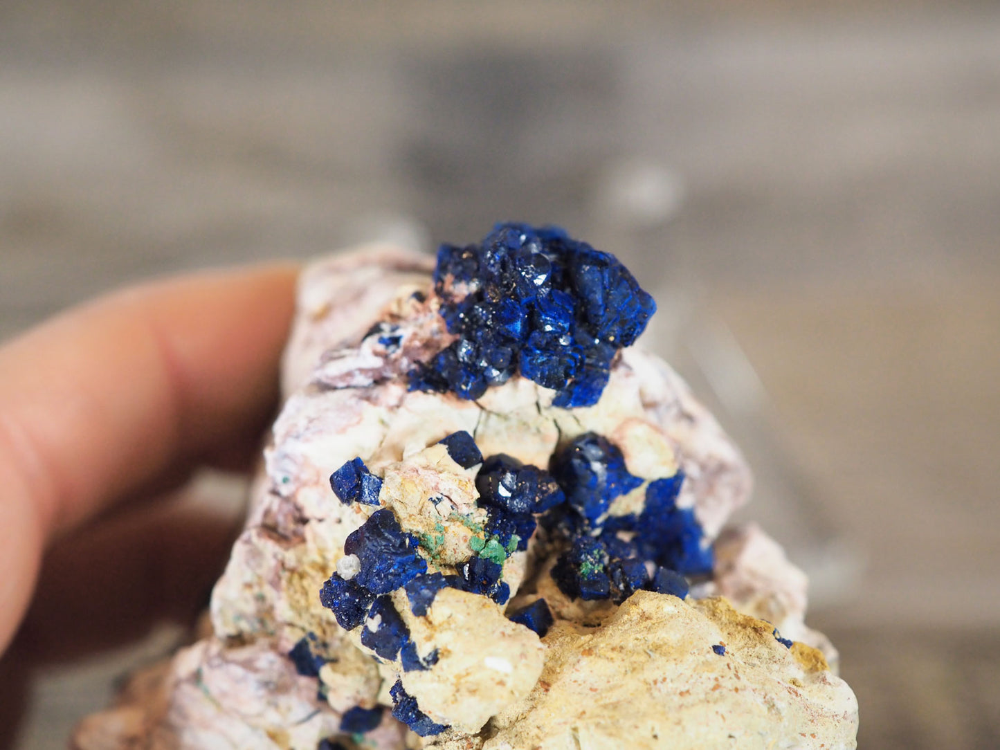Sparkling 4" long Azurite Clusters in Matrix - Closeup in hand