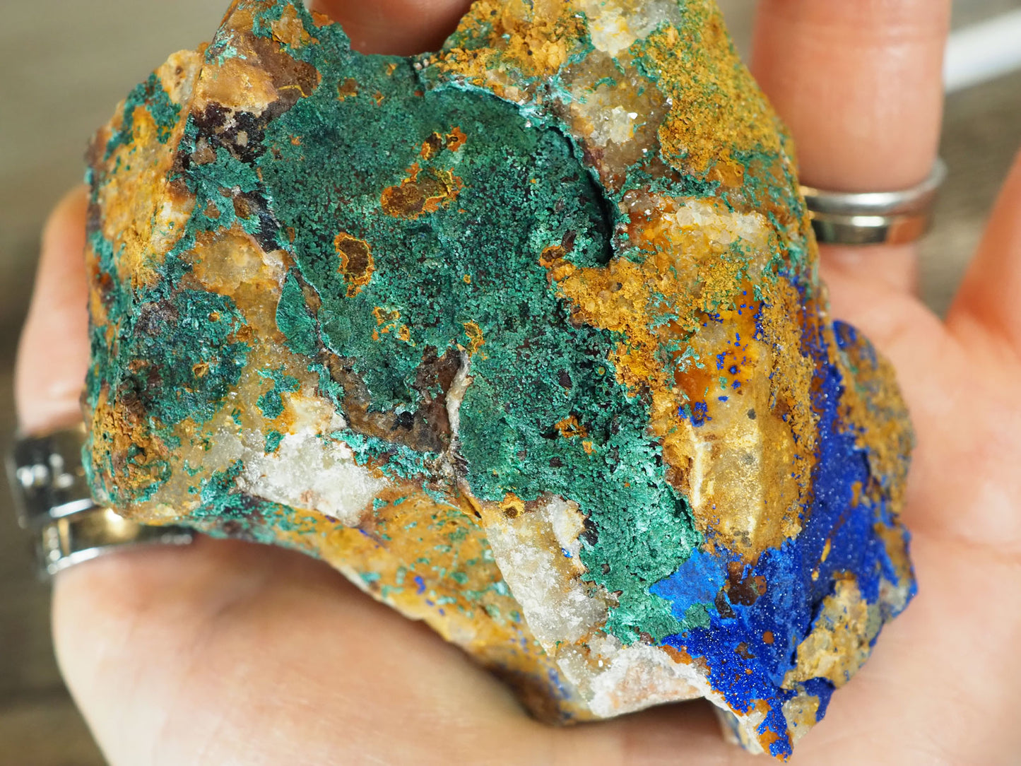 3.2" long Sparkly Azurite with Fibrous Malachite - Closeup of the back
