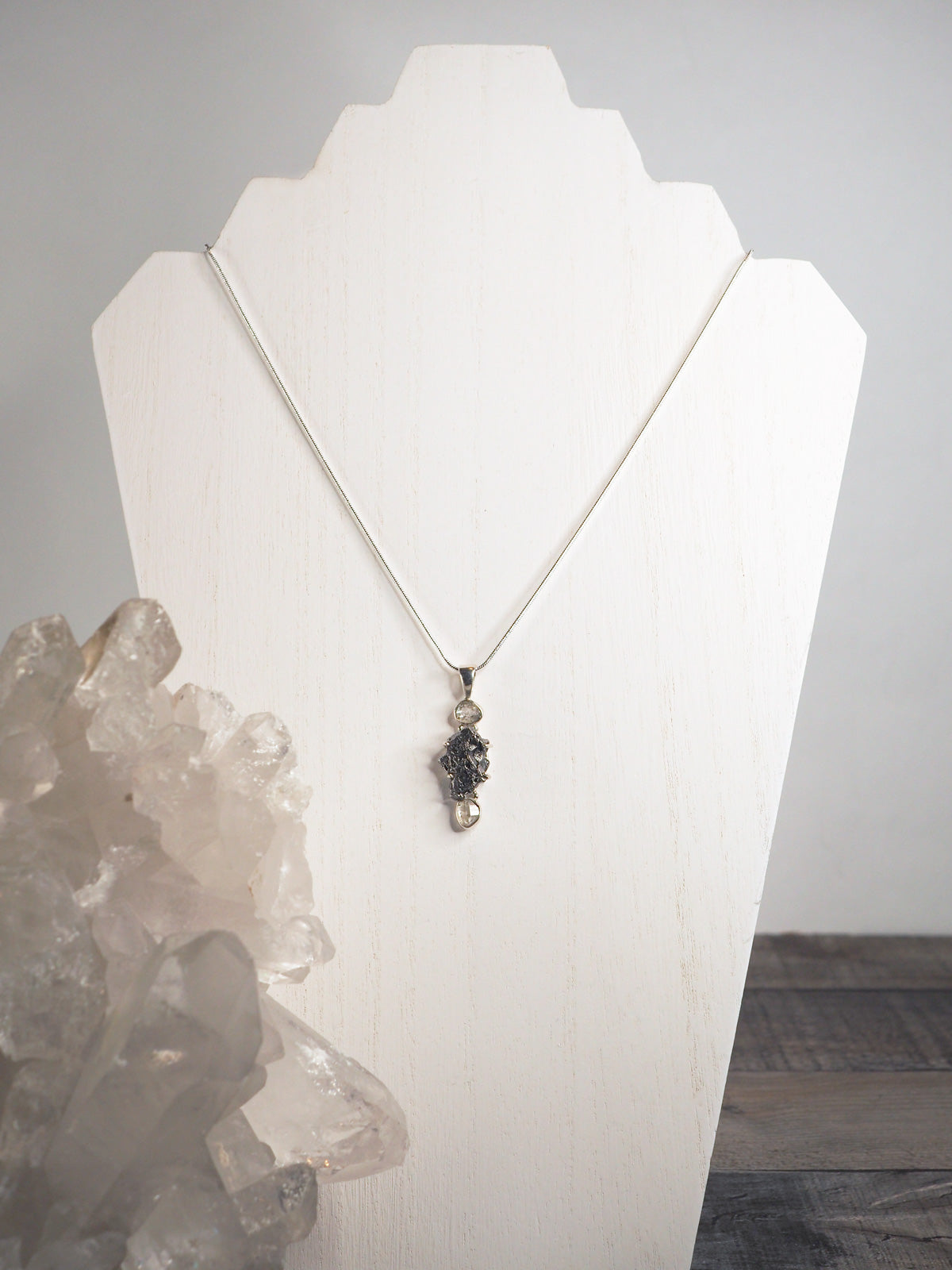 Campo del Cielo Meteorite and Herkimer Diamond Sterling Silver Pendant Necklace - Shown hanging