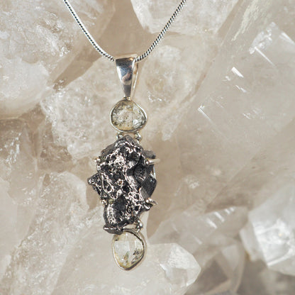 Campo del Cielo Meteorite and Herkimer Diamond Sterling Silver Pendant Necklace - Closeup
