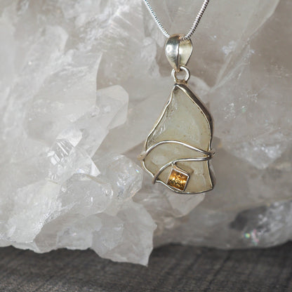 Libyan Desert Glass Pendant Necklace with Citrine in a Sterling Silver Setting - Closeup