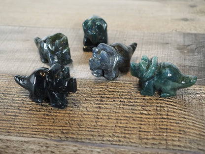 5 little Moss Agate Triceratops Carvings