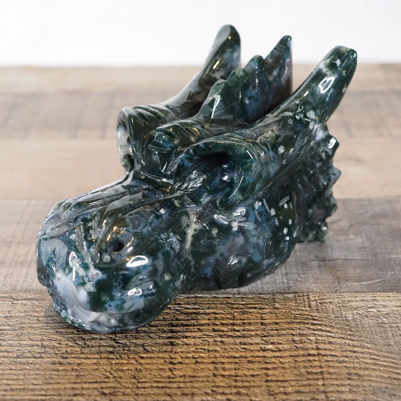 Hand-carved Moss Agate Dragon Head