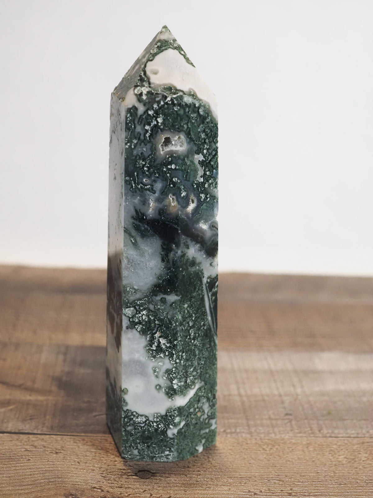 Large Moss Agate Tower with Quartz Druzy Pockets