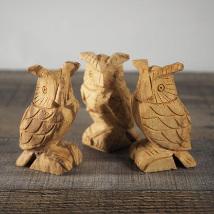 3 little 3" tall hand-carved Palo Santo owls