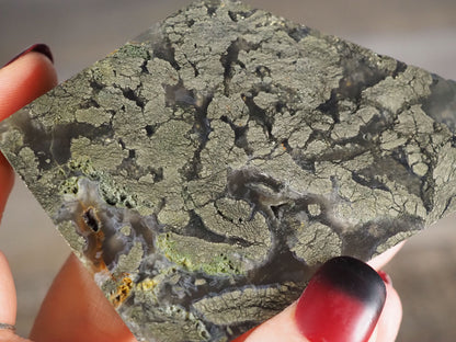 Pyrite Flower Agate Slab with Iron Deposits and Botryoidal Elements - Closeup in hand