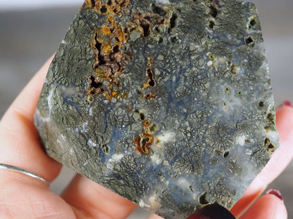 Pyrite Flower Agate Slab with Iron deposits - Closeup in hand