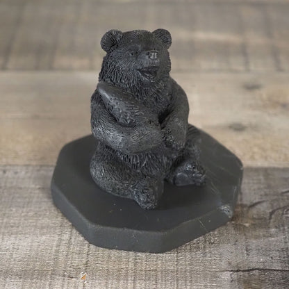 Hand-carved Shungite Bear Carving that is about 4" tall, holding a fish