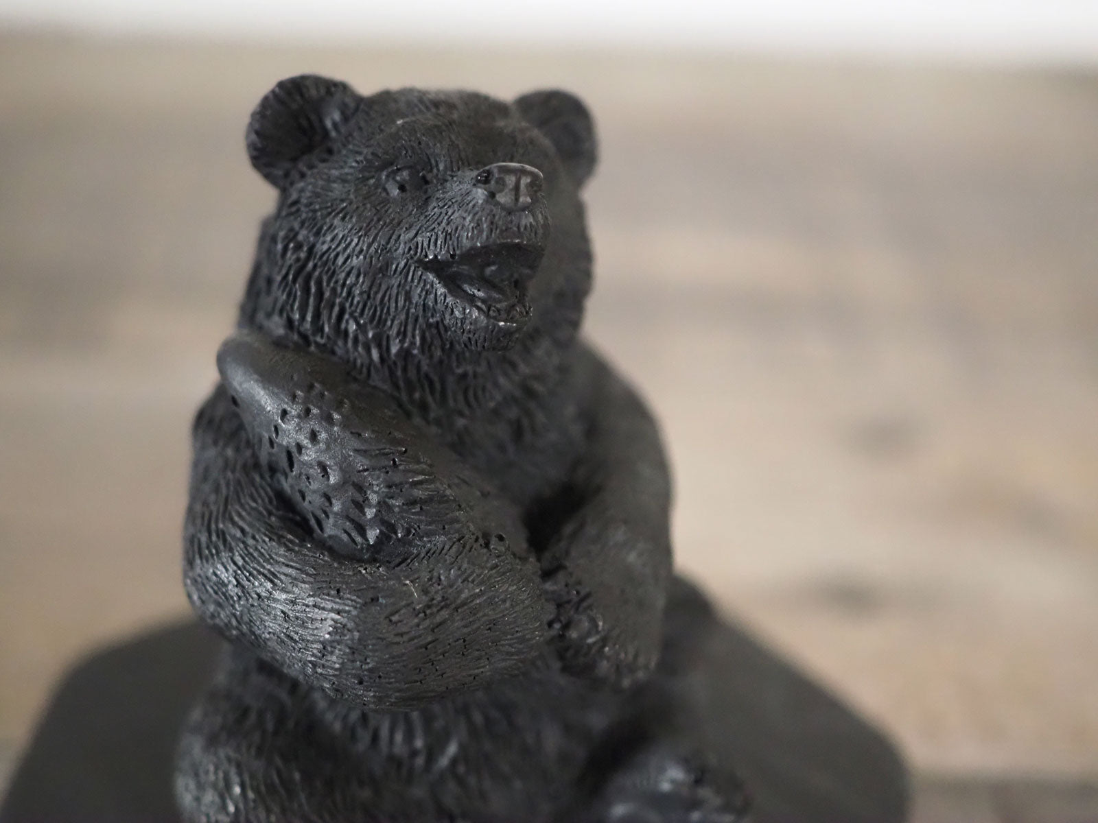 Hand-carved Shungite Bear Carving that is about 4" tall, holding a fish - Closeup