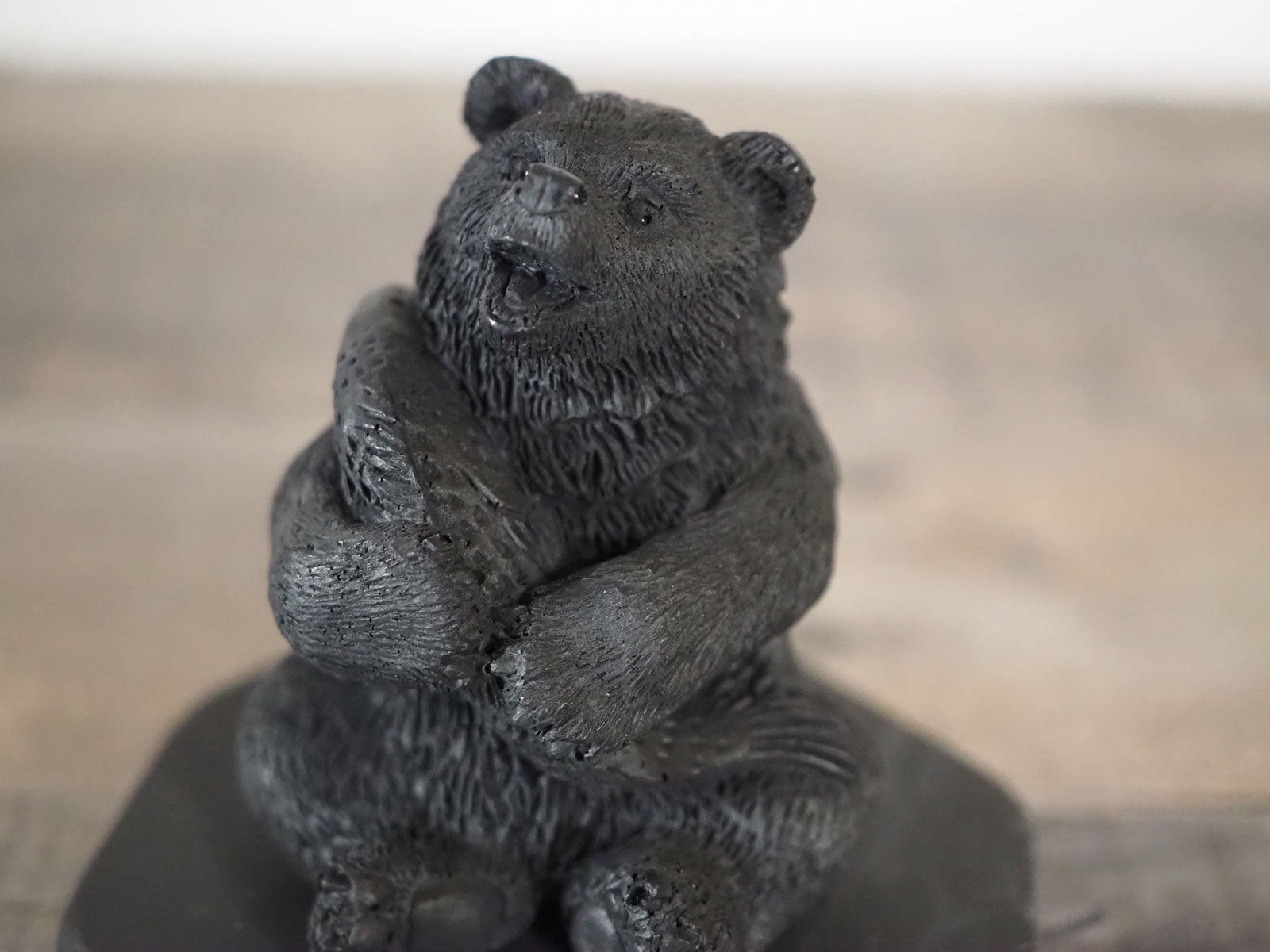 Hand-carved Shungite Bear Carving that is about 4" tall, holding a fish- Closeup