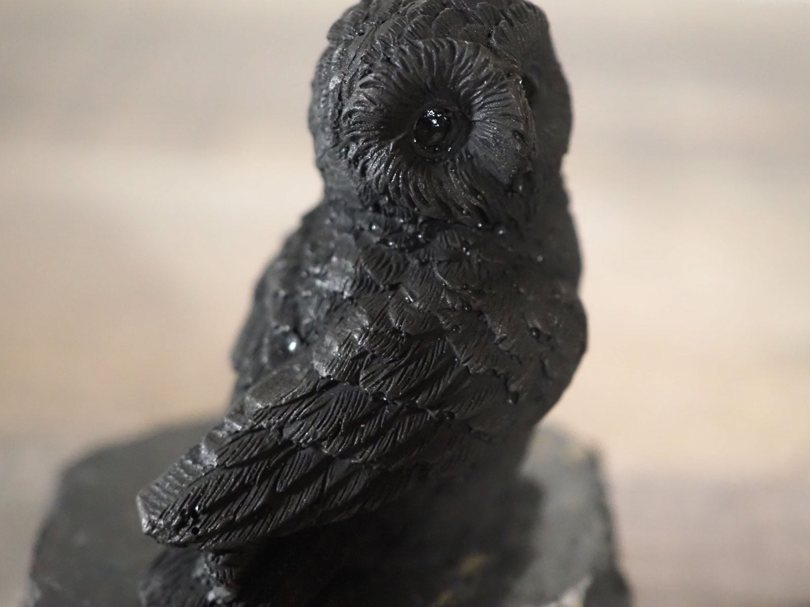 Hand-carved Shungite Owl Carving that is about 2.5" tall - Closeup
