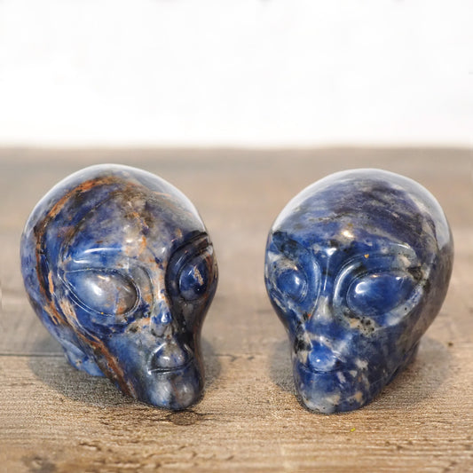 2 Hand-carved Sodalite Alien Heads measuring about 2.25"