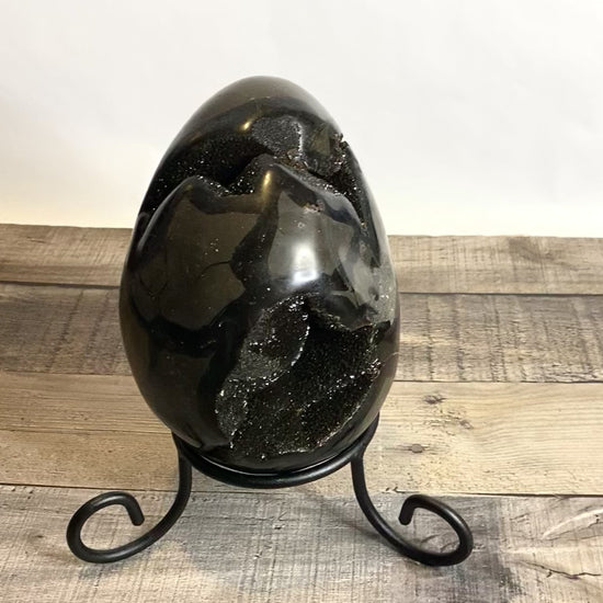 6" tall x 4.5" wide Septarian Dragon Egg sitting on included wrought iron stand - Video