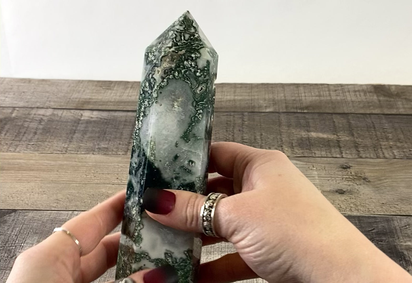 Large Moss Agate Tower with Quartz Druzy Pockets