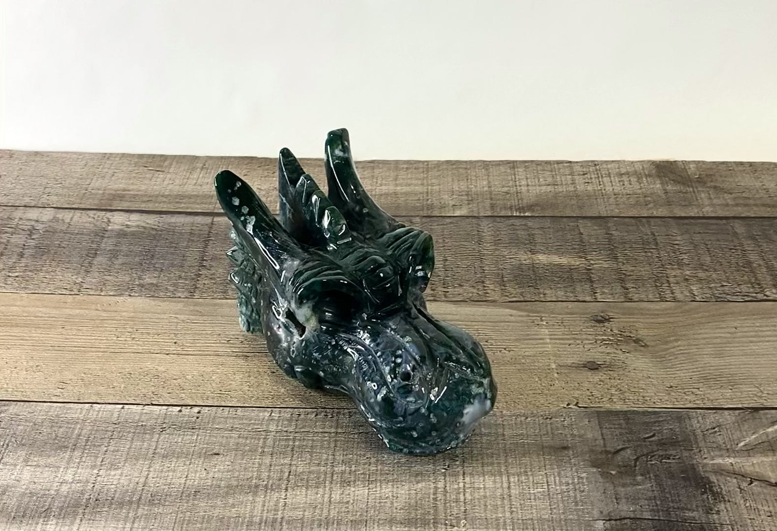 Hand-carved Moss Agate Dragon Head